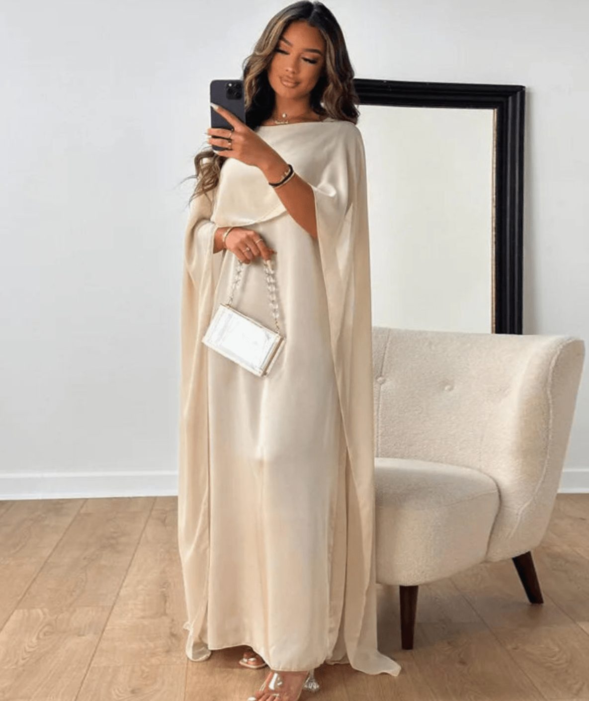 Women's Tayma Draped Cape-Sleeve Satin Maxi Party Dress - White