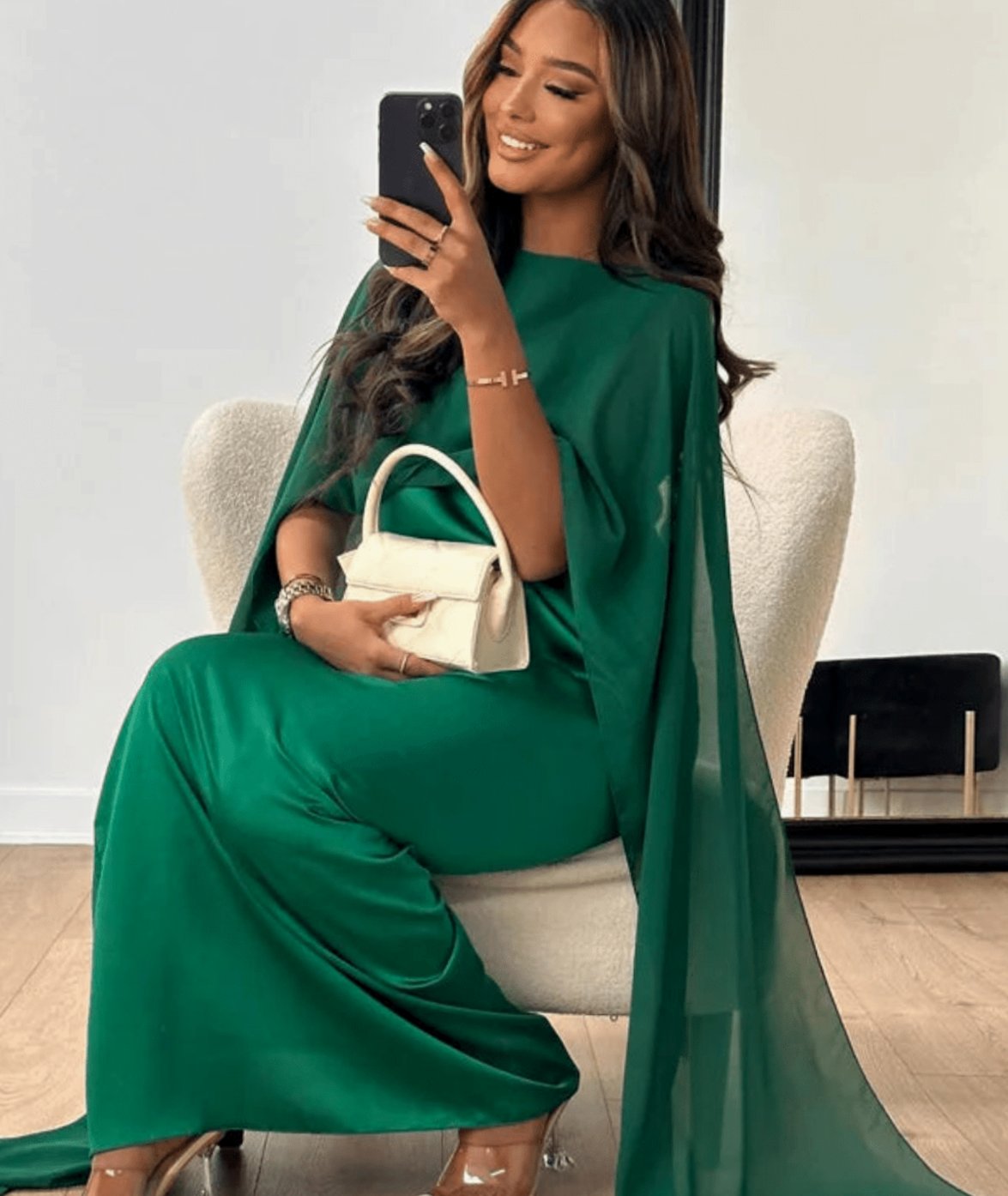 Women's Tayma Draped Cape-Sleeve Satin Maxi Party Dress - Green