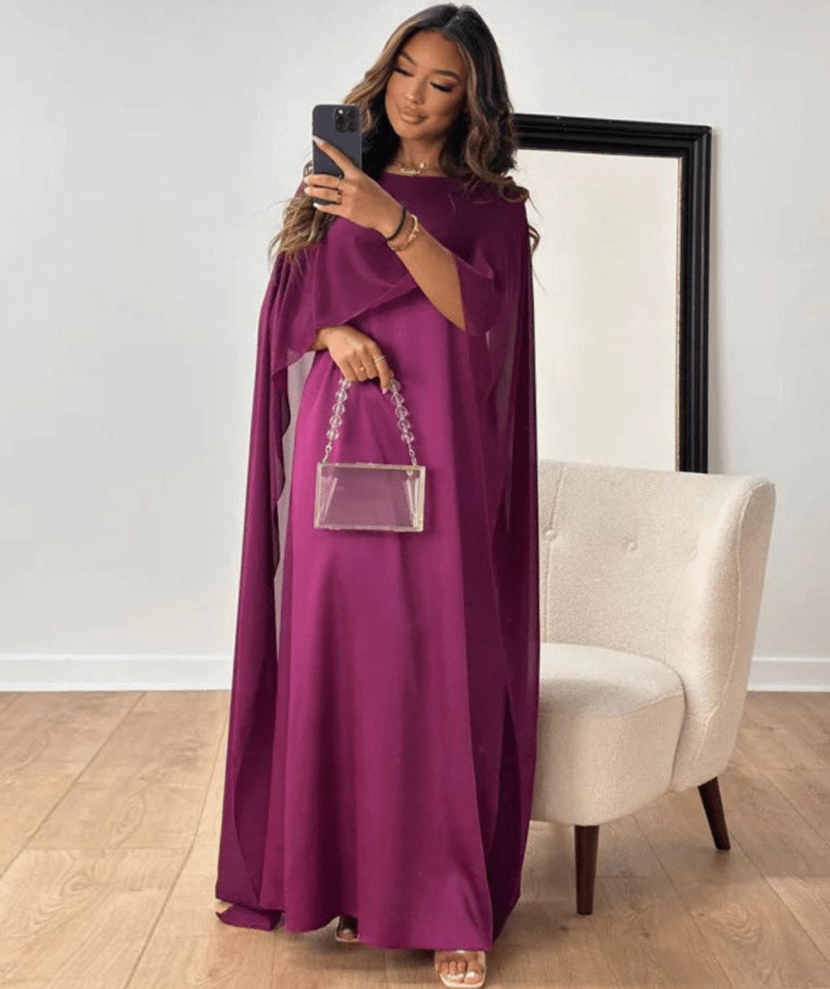 Women's Tayma Draped Cape-Sleeve Satin Maxi Party Dress - Purple