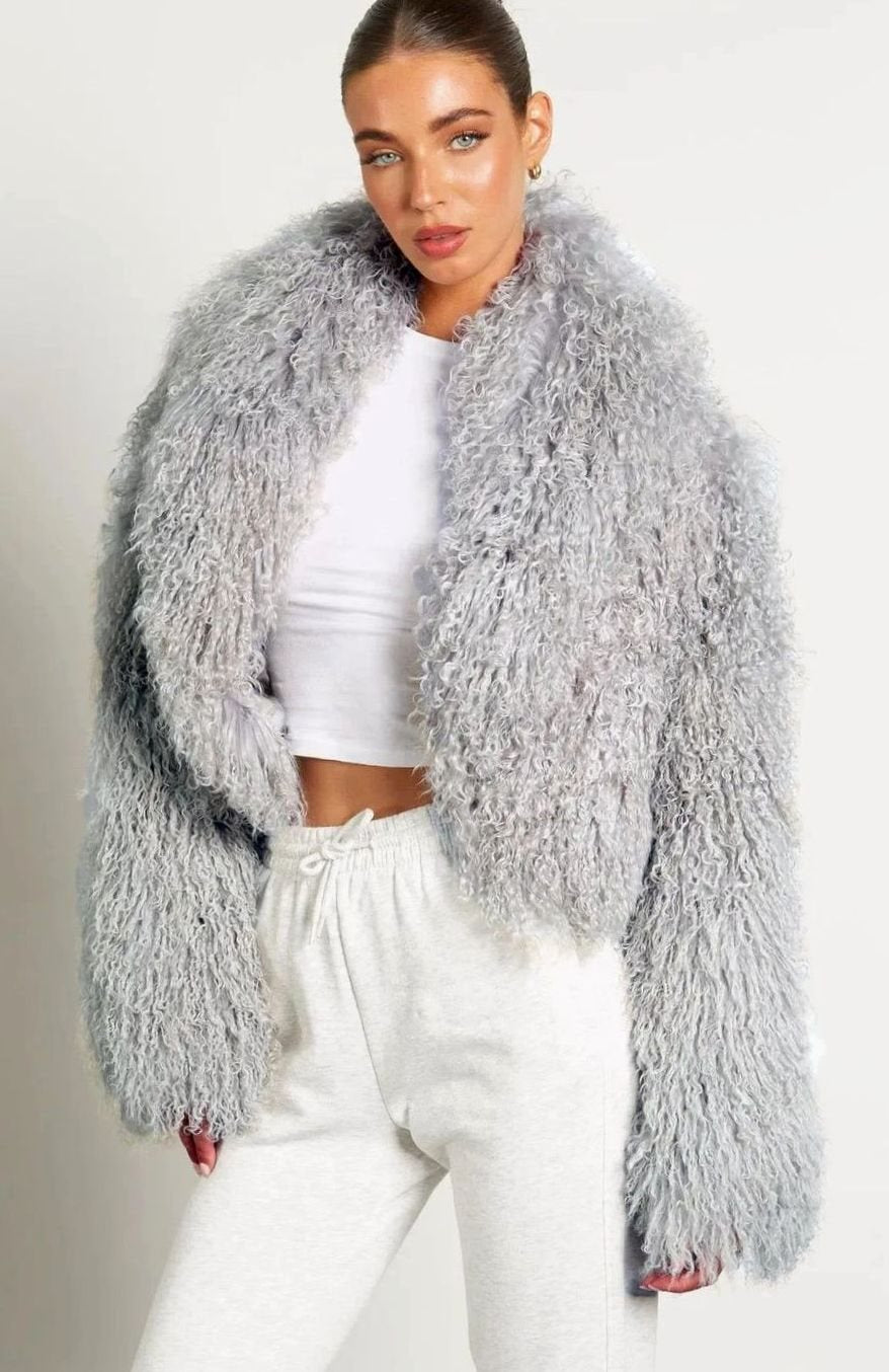 Women's Teddy-Style Faux Fur Long-Sleeve Cropped Coat - Grey