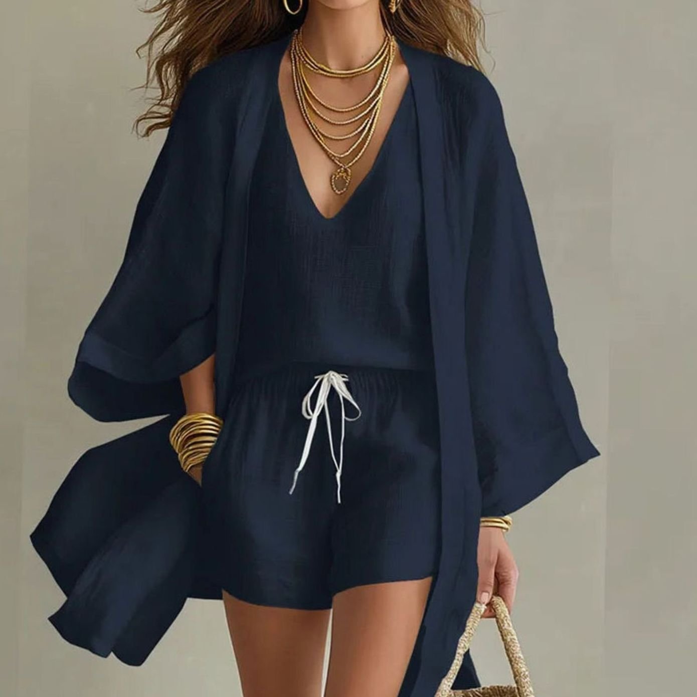 Women's Three-Piece Linen Kimono Loungewear Set - Navy Blue