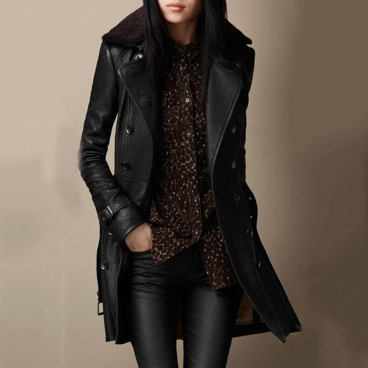 Women's Three-Quarter Length Double-Breasted Leather Jacket