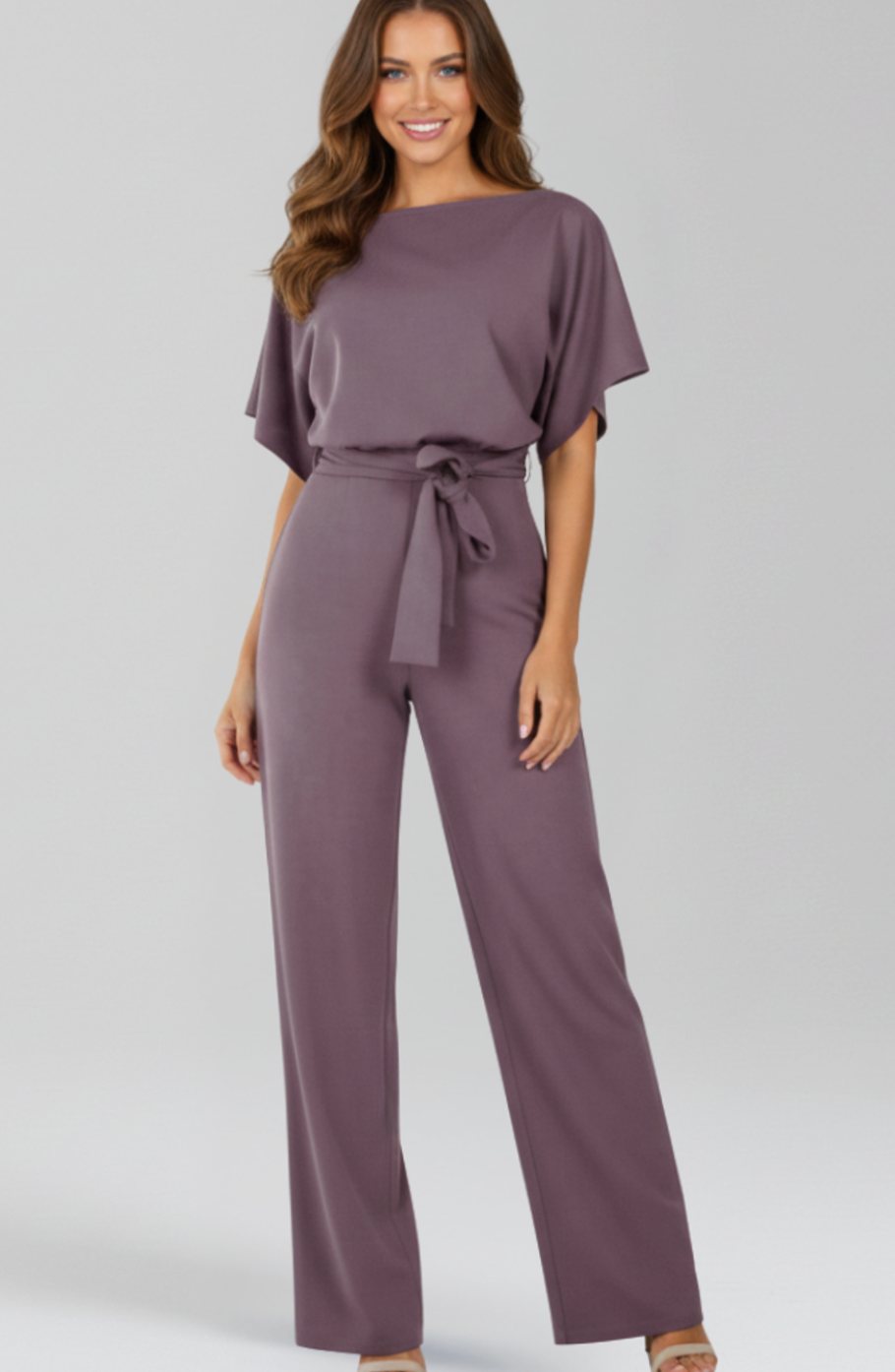 Women's Tie-Belt Wide-Leg Short-Sleeve Jumpsuit, Black - Purple