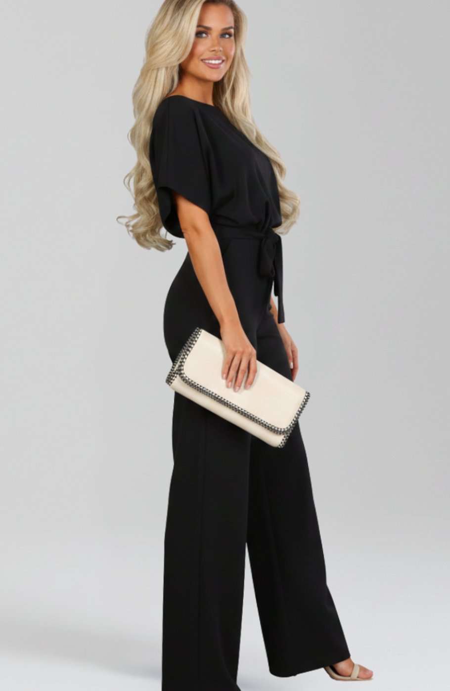 Women's Tie-Belt Wide-Leg Short-Sleeve Jumpsuit, Black