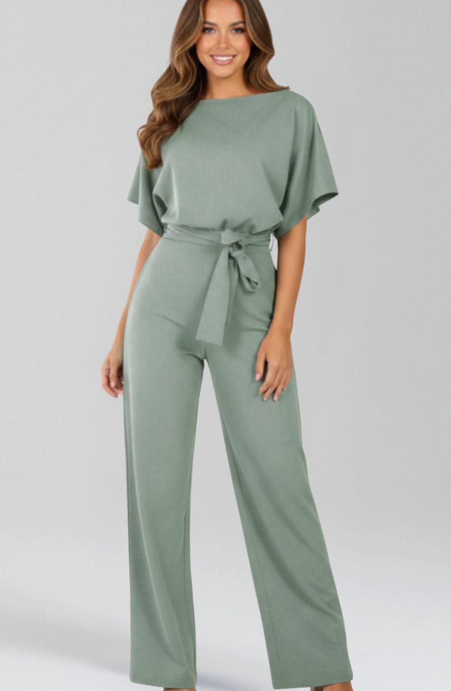 Women's Tie-Belt Wide-Leg Short-Sleeve Jumpsuit, Black - Green
