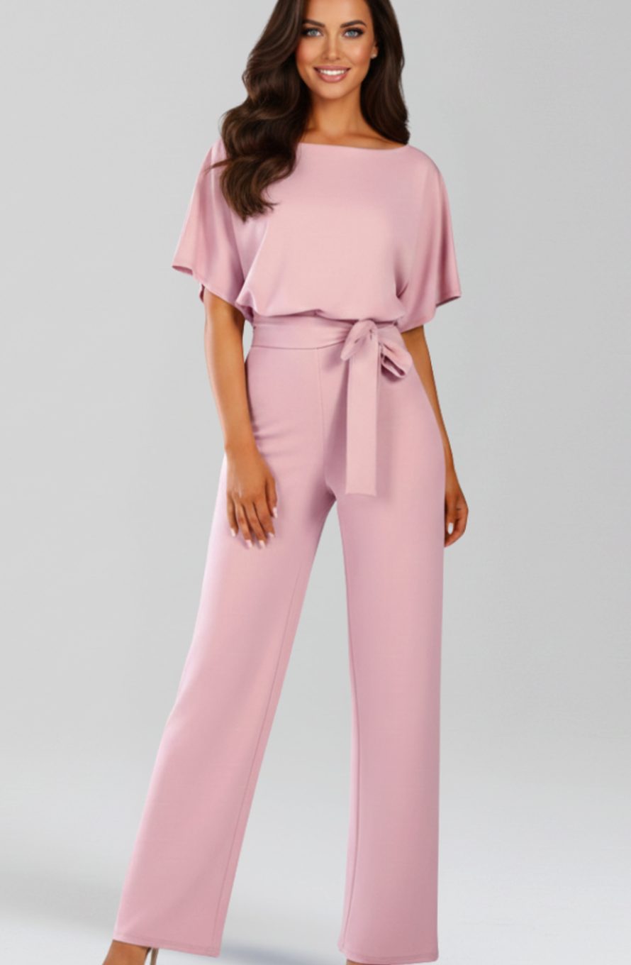 Women's Tie-Belt Wide-Leg Short-Sleeve Jumpsuit, Black - Pink