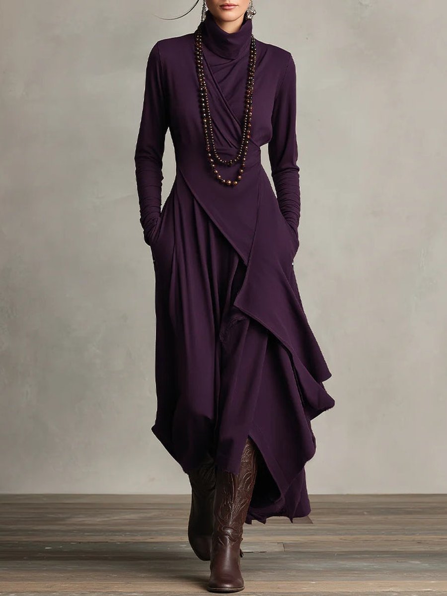 Women's Turtleneck Asymmetric Layered Maxi Long Sleeve Dress - Purple