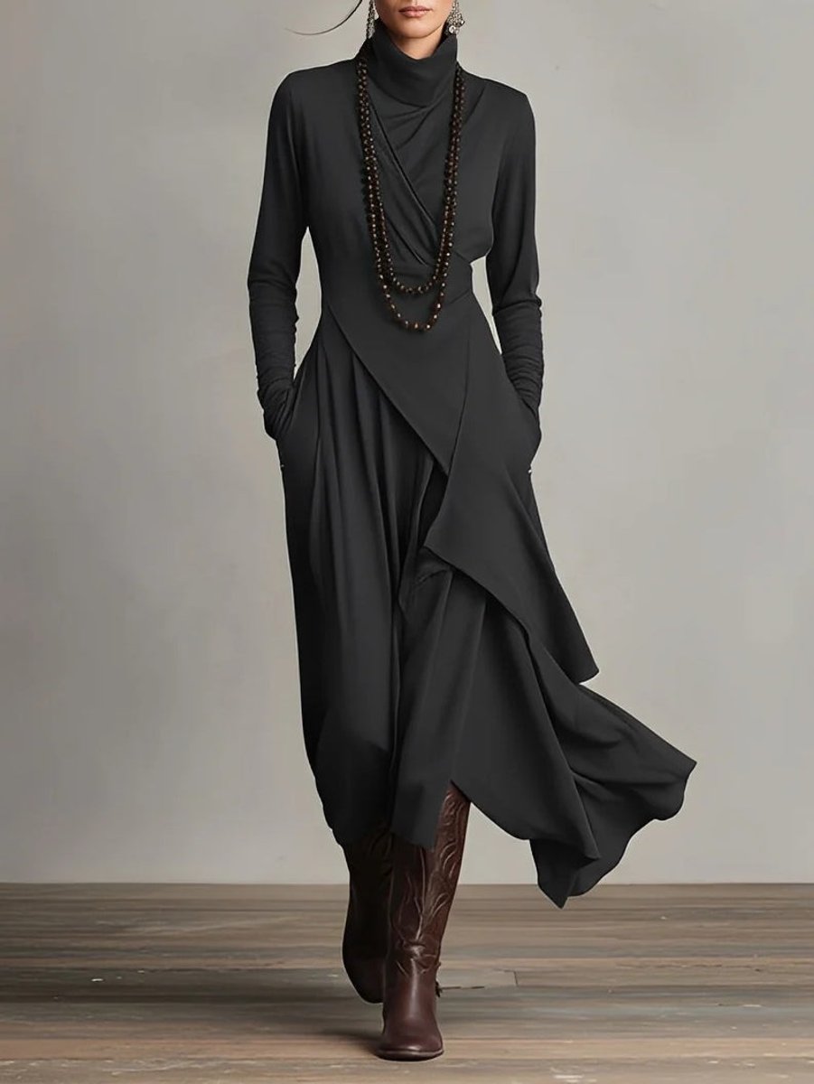 Women's Turtleneck Asymmetric Layered Maxi Long Sleeve Dress - Black