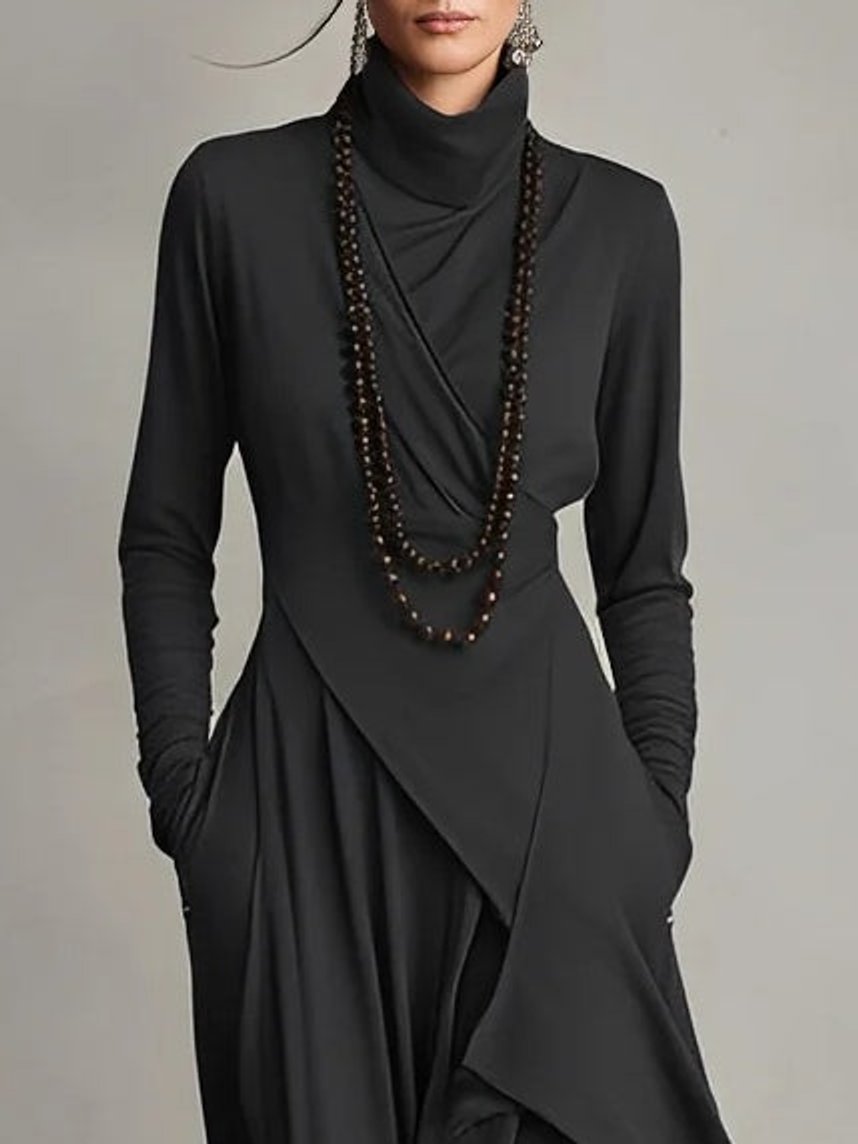 Women's Turtleneck Asymmetric Layered Maxi Long Sleeve Dress