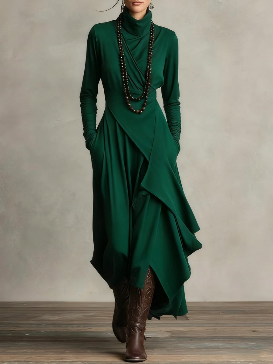 Women's Turtleneck Asymmetric Layered Maxi Long Sleeve Dress - Green