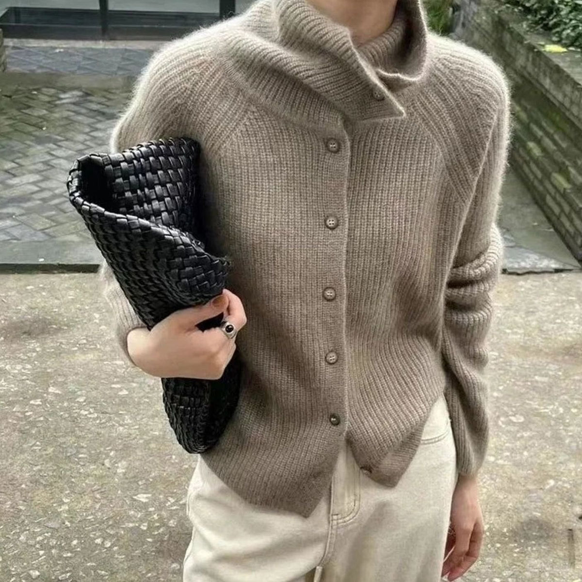 Women's Turtleneck Button-Front Knit Cardigan - Khaki