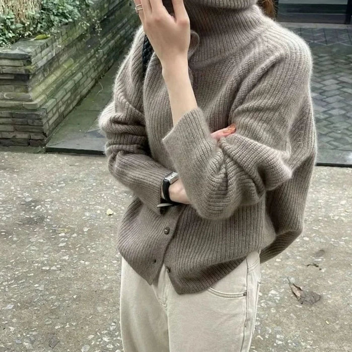 Women's Turtleneck Button-Front Knit Cardigan