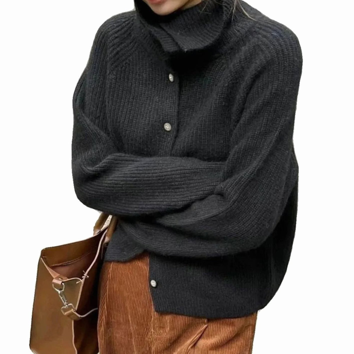 Women's Turtleneck Button-Front Knit Cardigan - Black