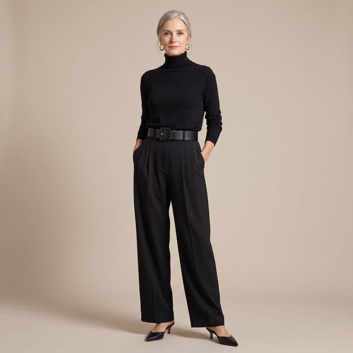 Women's Turtleneck High-Rise Wide-Leg Coord Set Two-Piece - Black