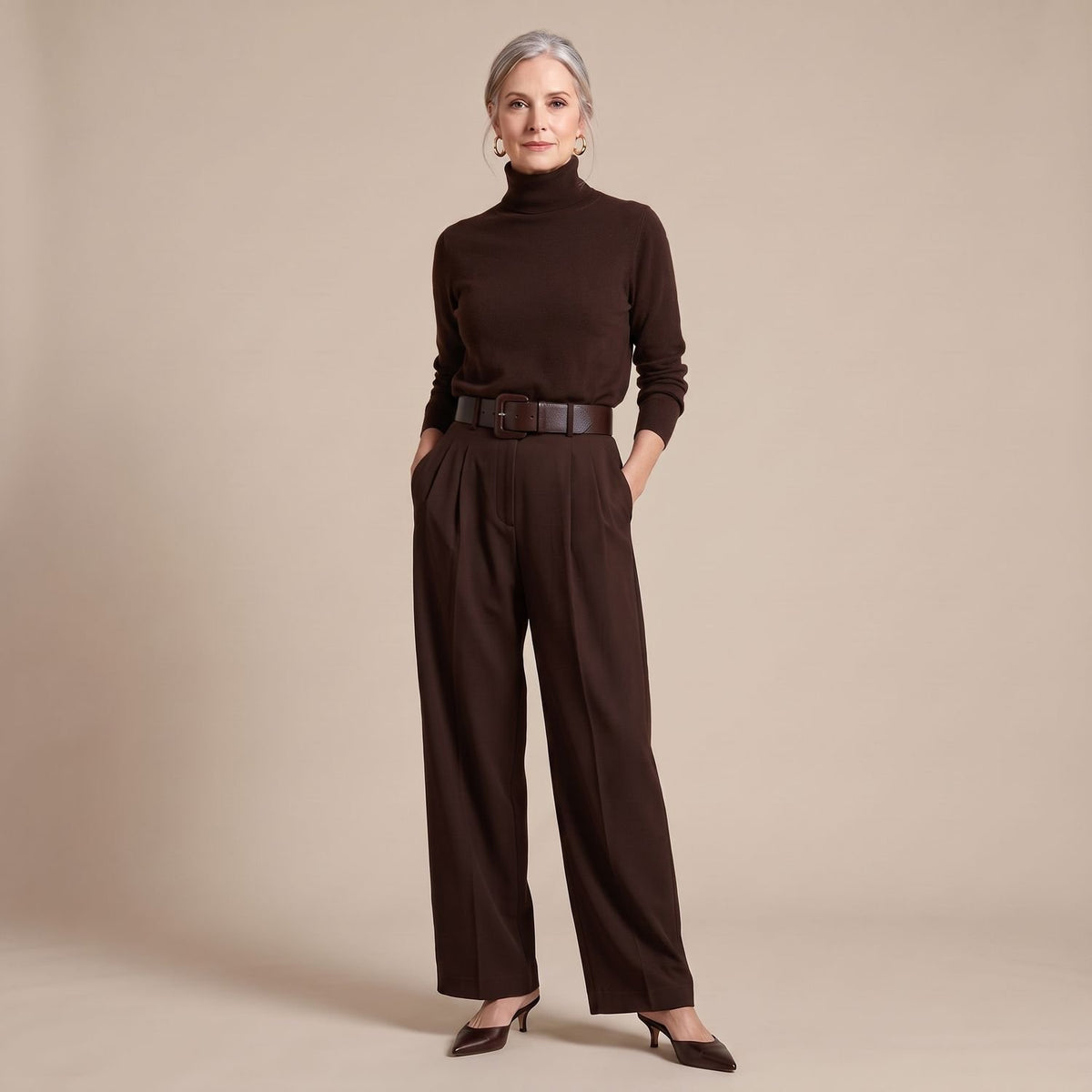 Women's Turtleneck High-Rise Wide-Leg Coord Set Two-Piece - Brown
