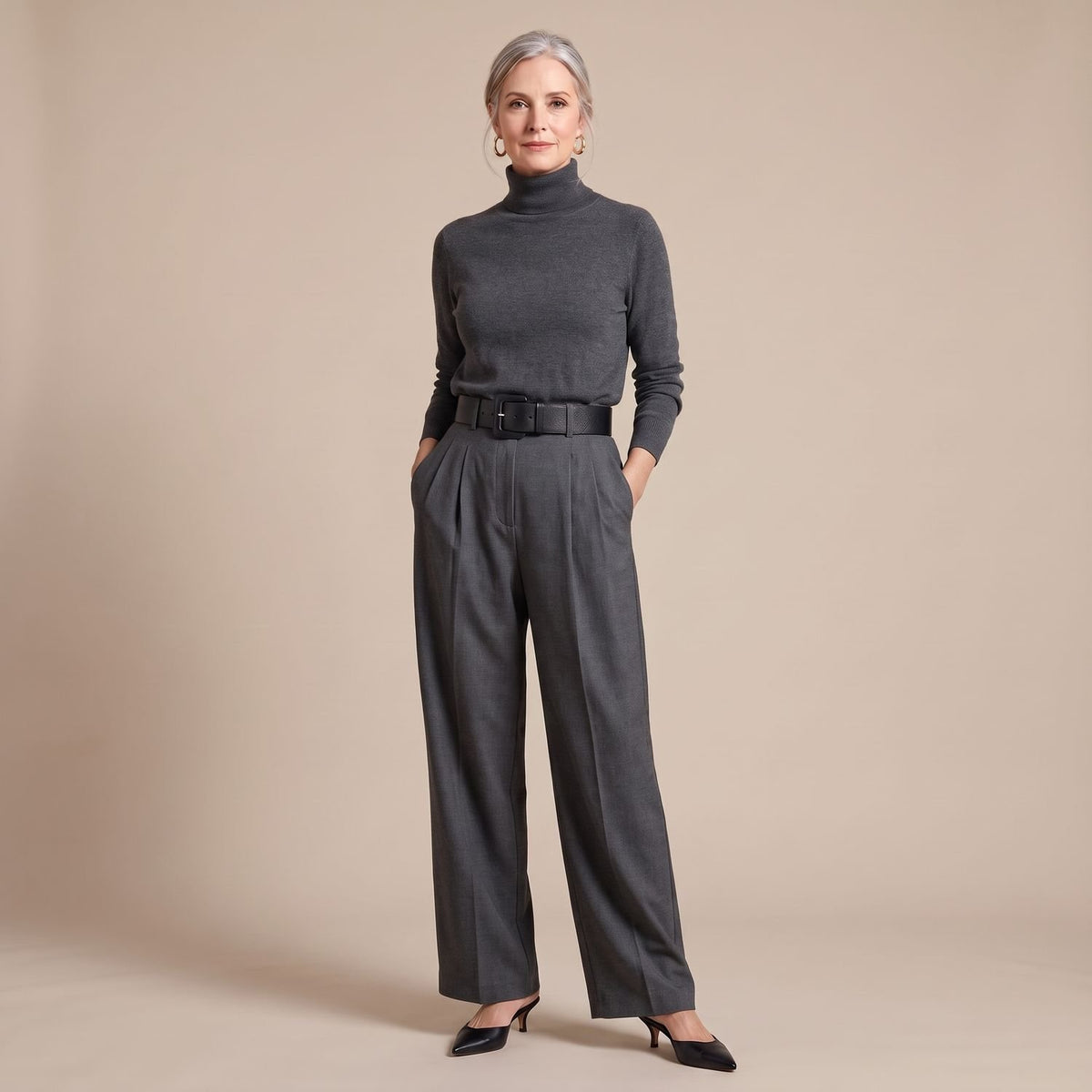 Women's Turtleneck High-Rise Wide-Leg Coord Set Two-Piece - Grey