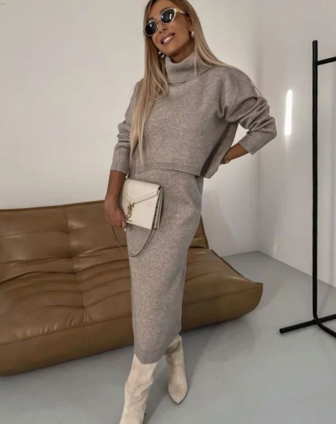 Women's Turtleneck Jumper Midi Skirt Knitted Co Ord Set - Dark Beige