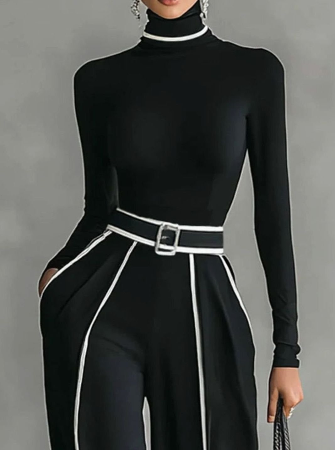 Women's Turtleneck Long-Sleeve Wide-Leg Two-Piece Trouser Set