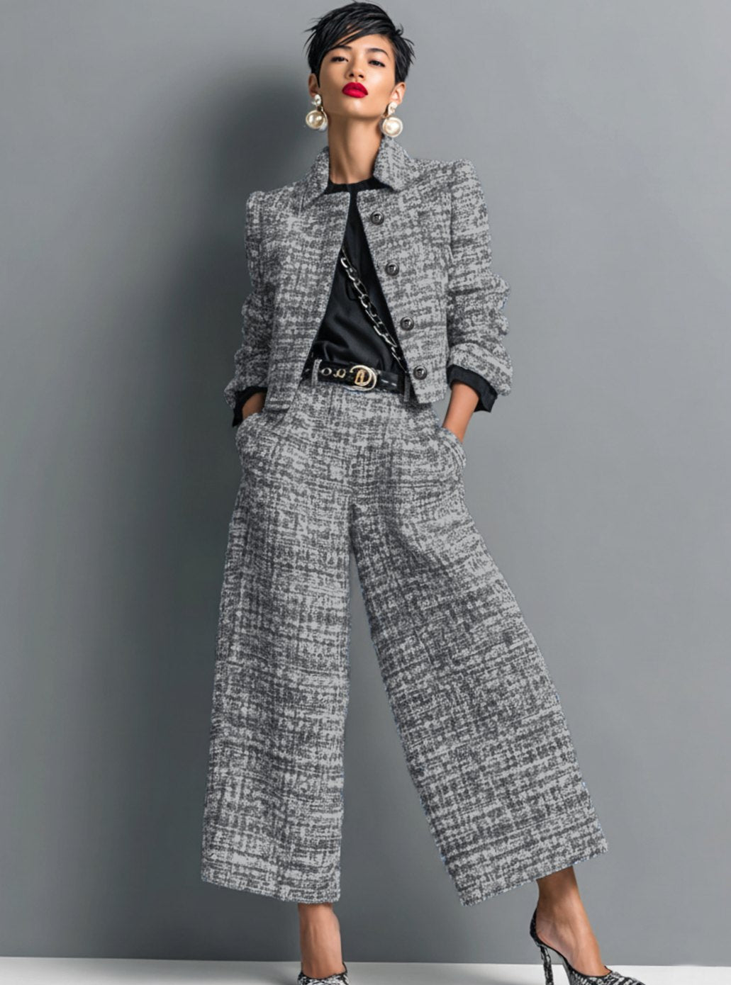 Women's Tweed Wide-Leg Cropped Trouser Blazer Co-ord Set - Black