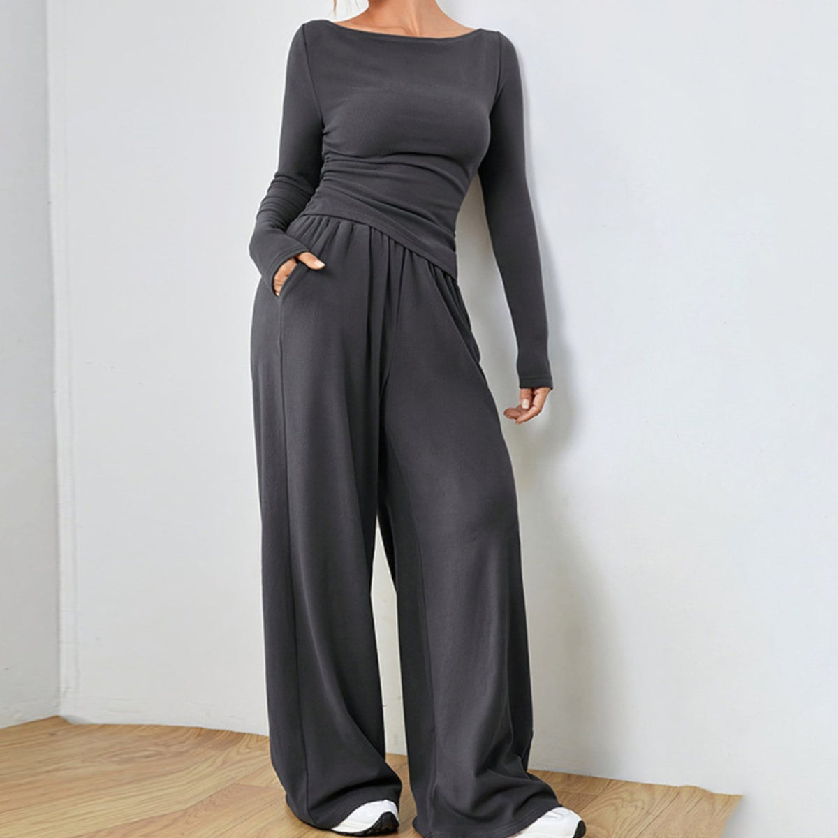 Women's Two Piece Set Long-Sleeve Boat-Neck Top Wide-Leg Trousers - Grey
