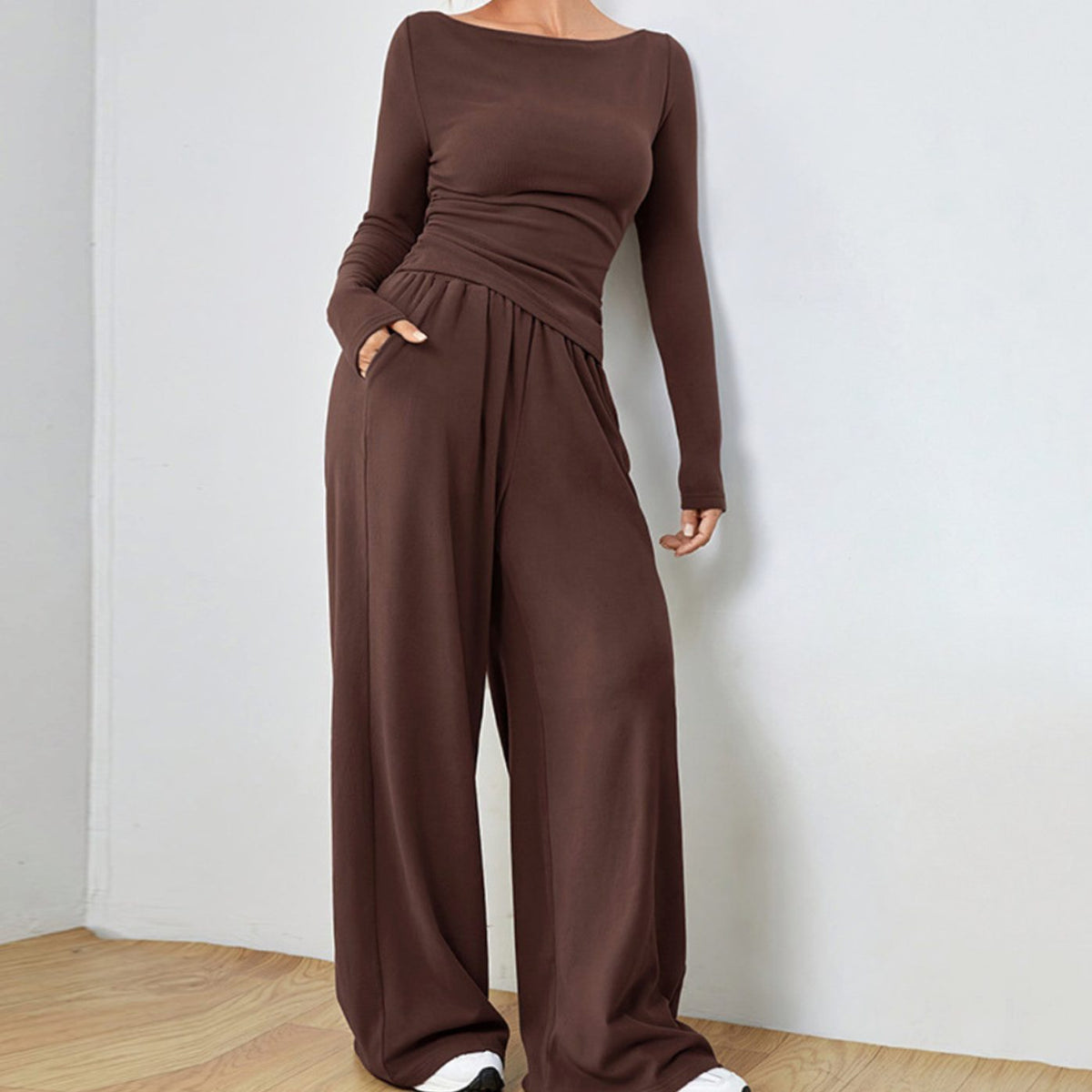 Women's Two Piece Set Long-Sleeve Boat-Neck Top Wide-Leg Trousers - Brown