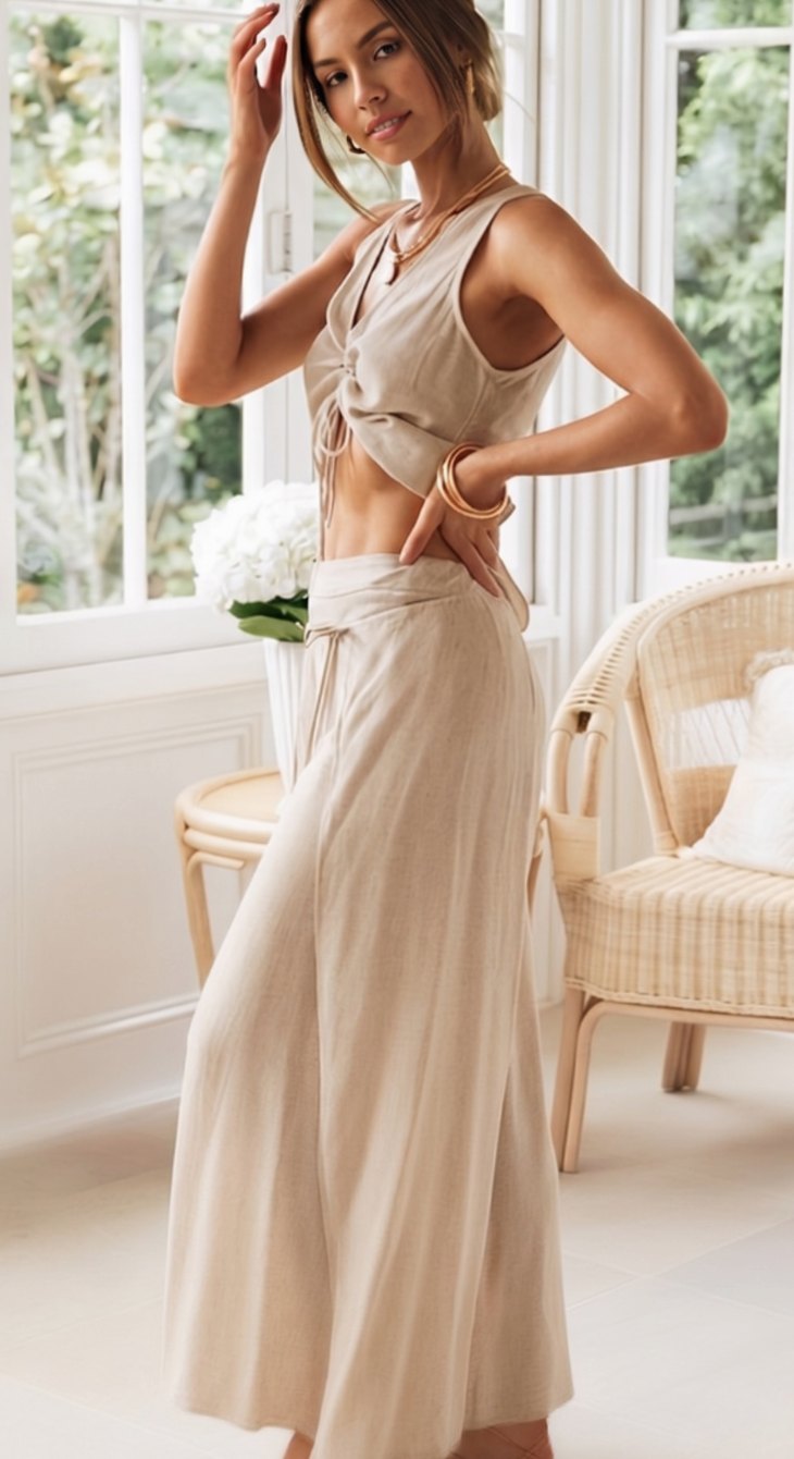 Women's Two-Piece Set Sleeveless V-Neck Crop Top Wide-Leg High-Waist Pants