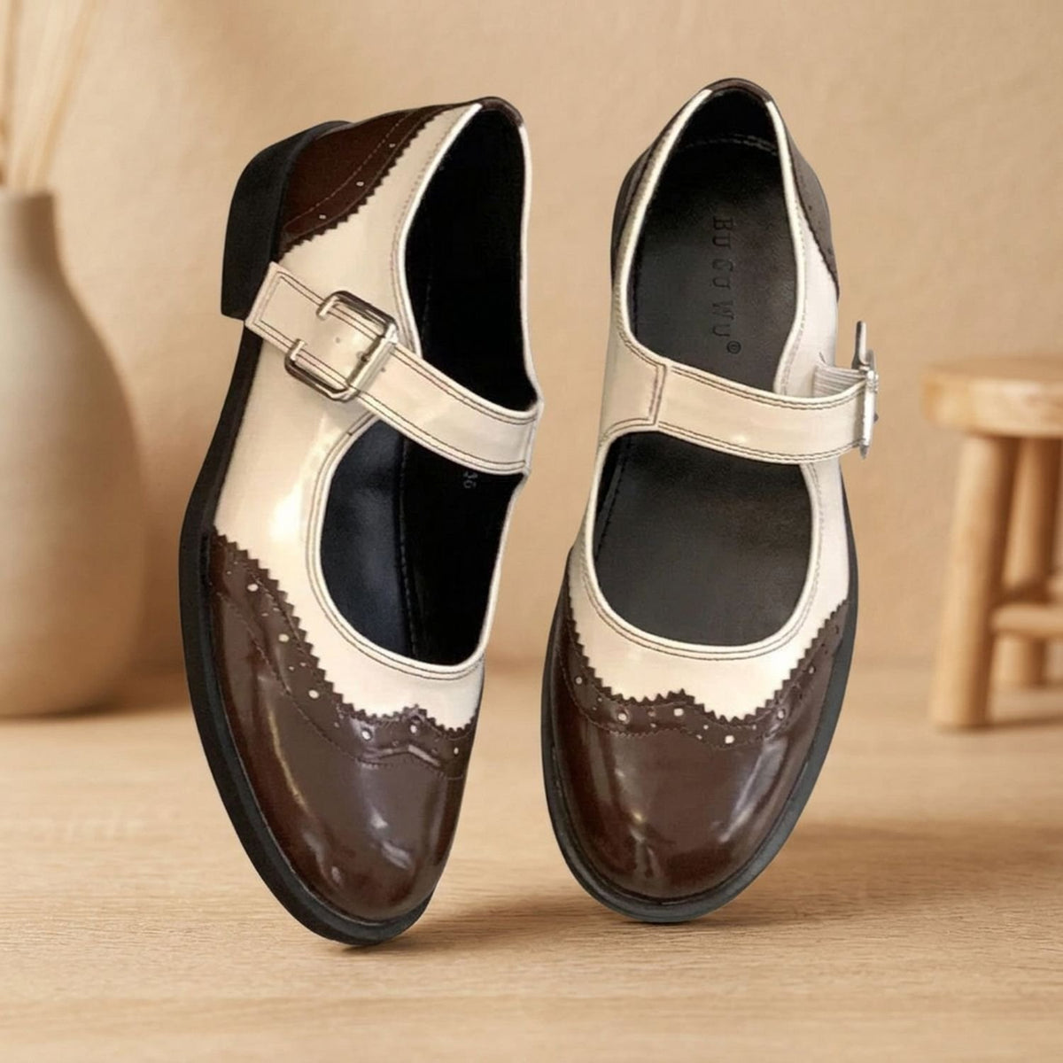 Women's Two-Tone Brogue Mary Jane Shoes Buckle Strap