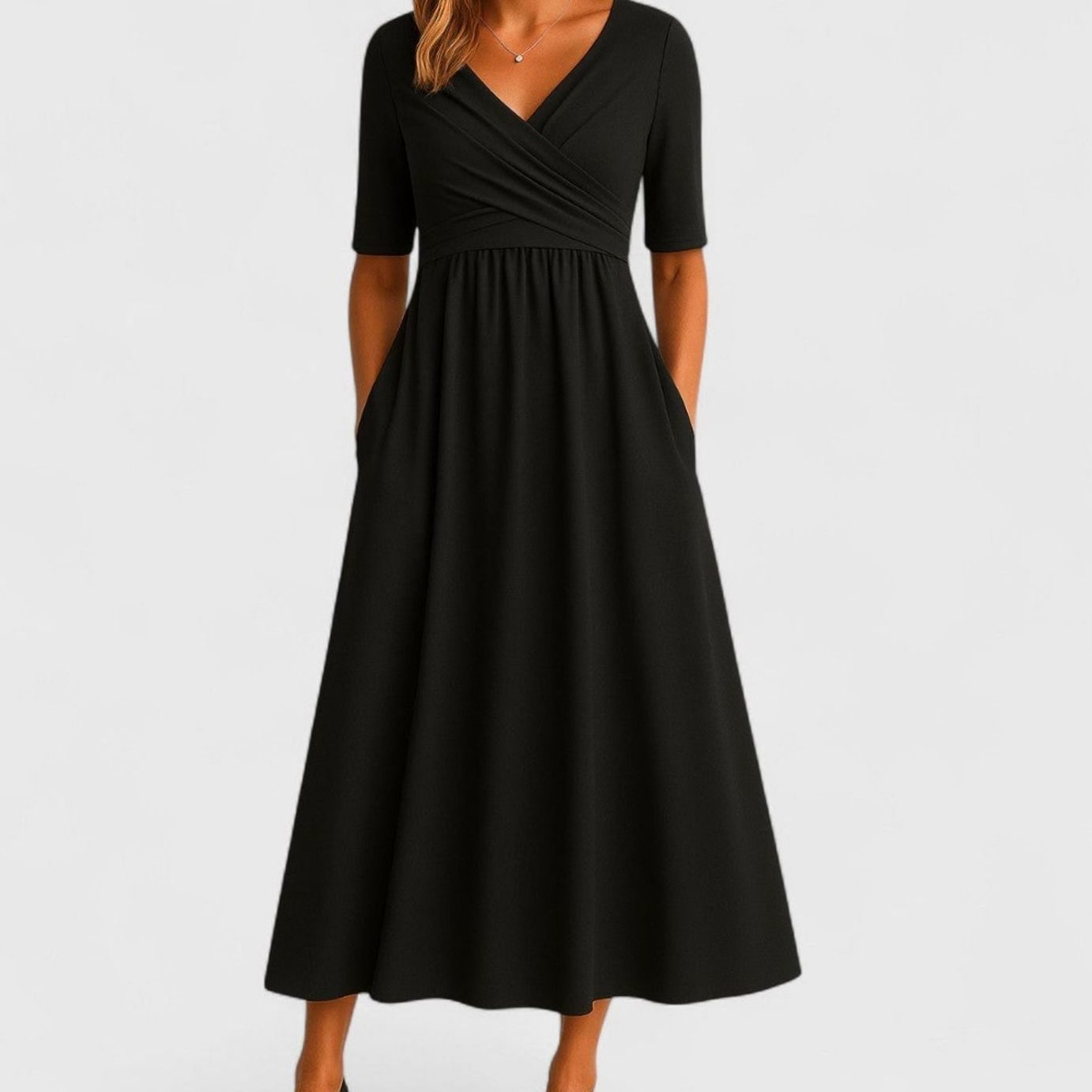 Women's V-Neck A-Line Midi Summer Dress Short Sleeve - Black