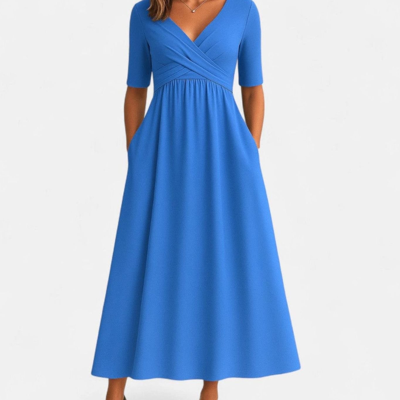Women's V-Neck A-Line Midi Summer Dress Short Sleeve - Azure Blue