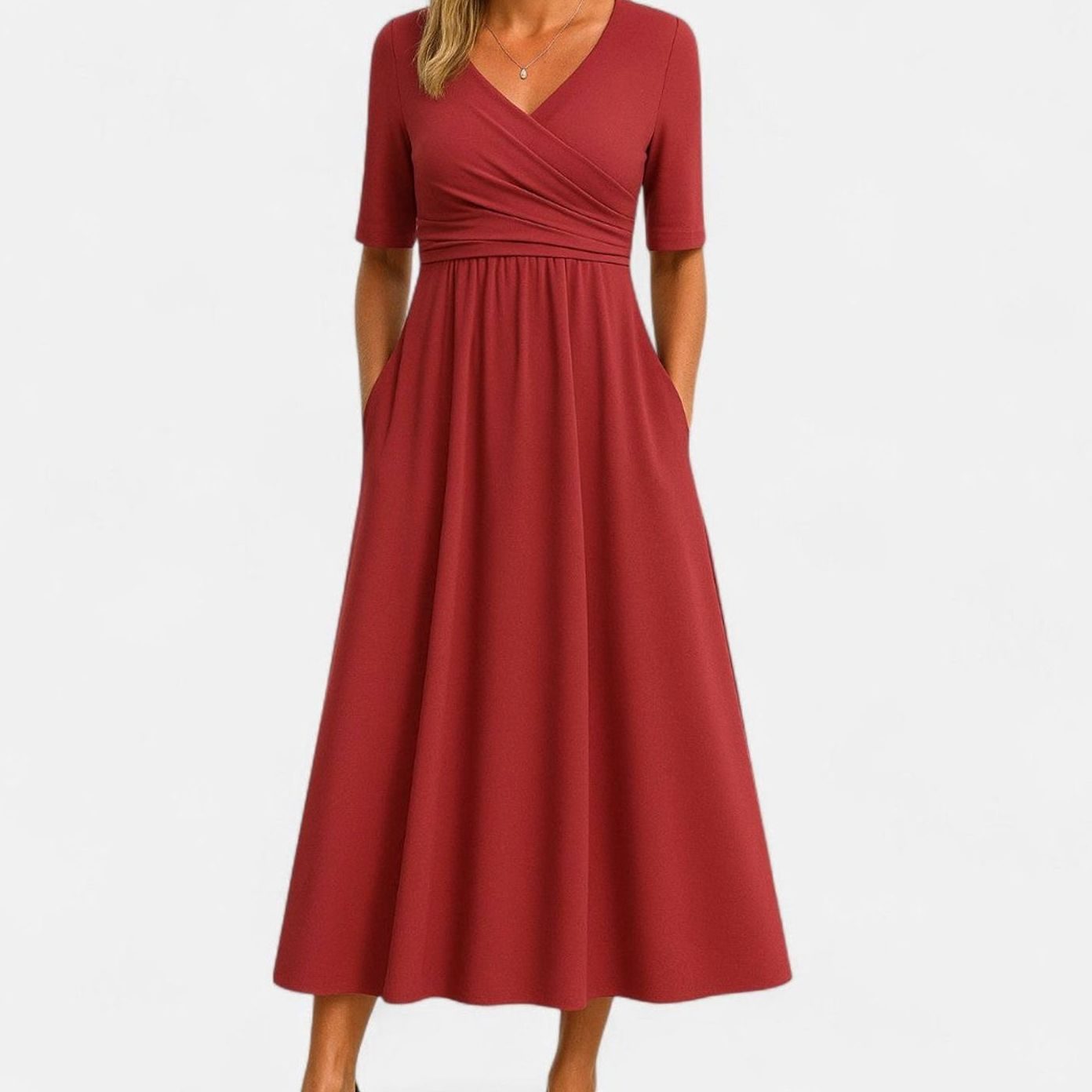 Women's V-Neck A-Line Midi Summer Dress Short Sleeve - Red