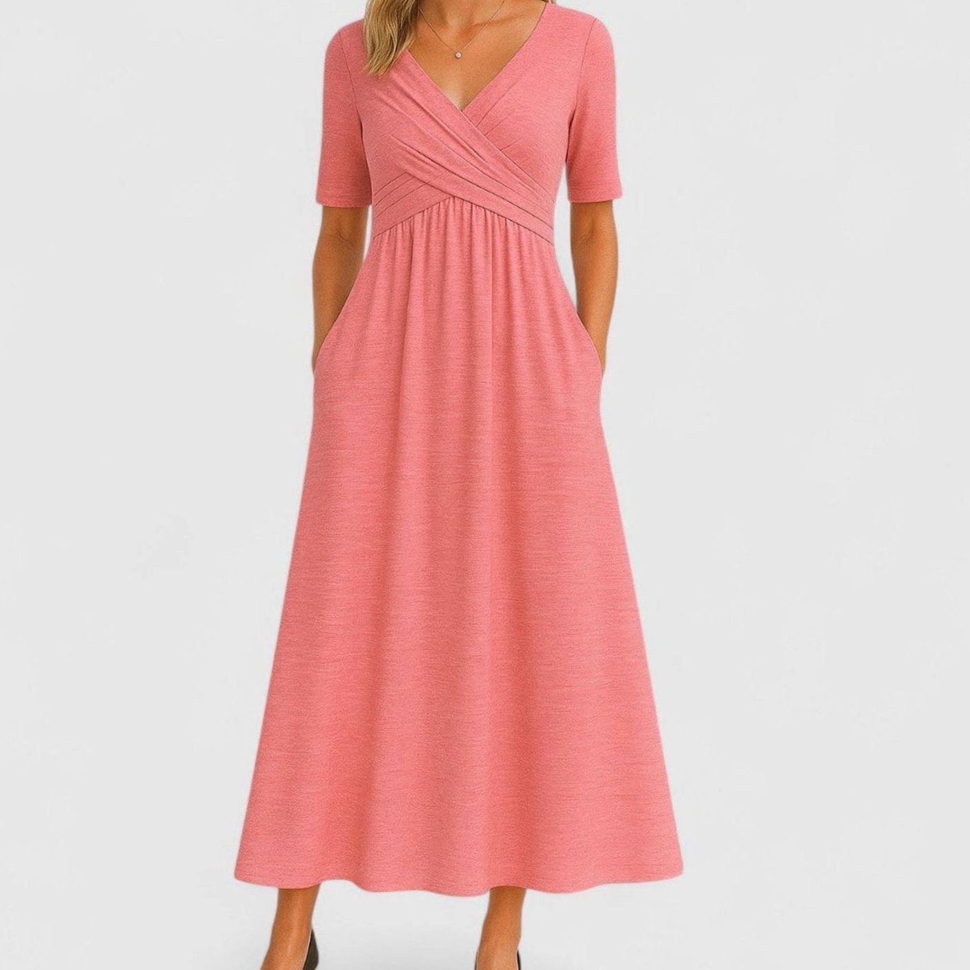 Women's V-Neck A-Line Midi Summer Dress Short Sleeve - Pink