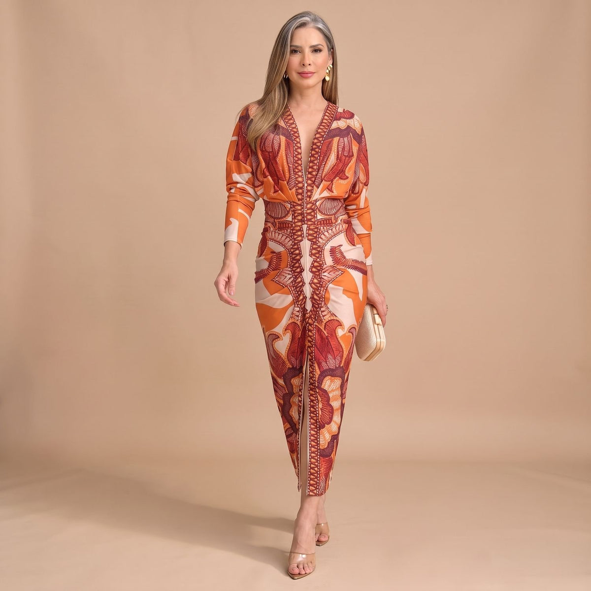 Women's V-Neck Bodycon Long Sleeve Dress Tribal Print Midi
