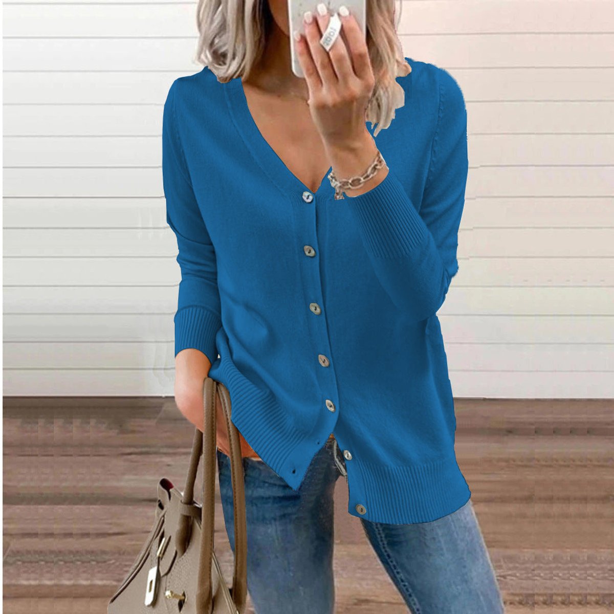 Women's V-Neck Button-Front Knit Cardigan - Blue