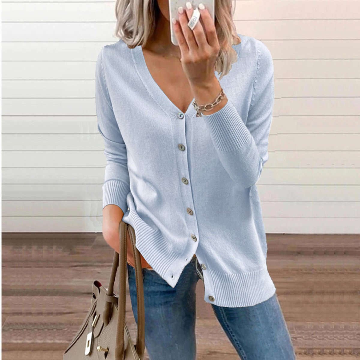 Women's V-Neck Button-Front Knit Cardigan - Sky Blue
