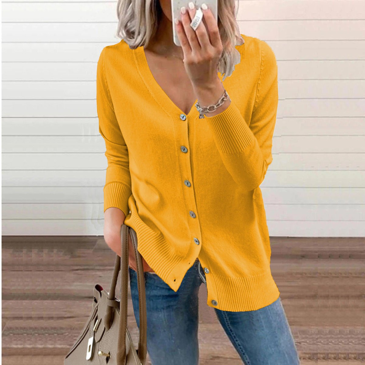 Women's V-Neck Button-Front Knit Cardigan - Yellow
