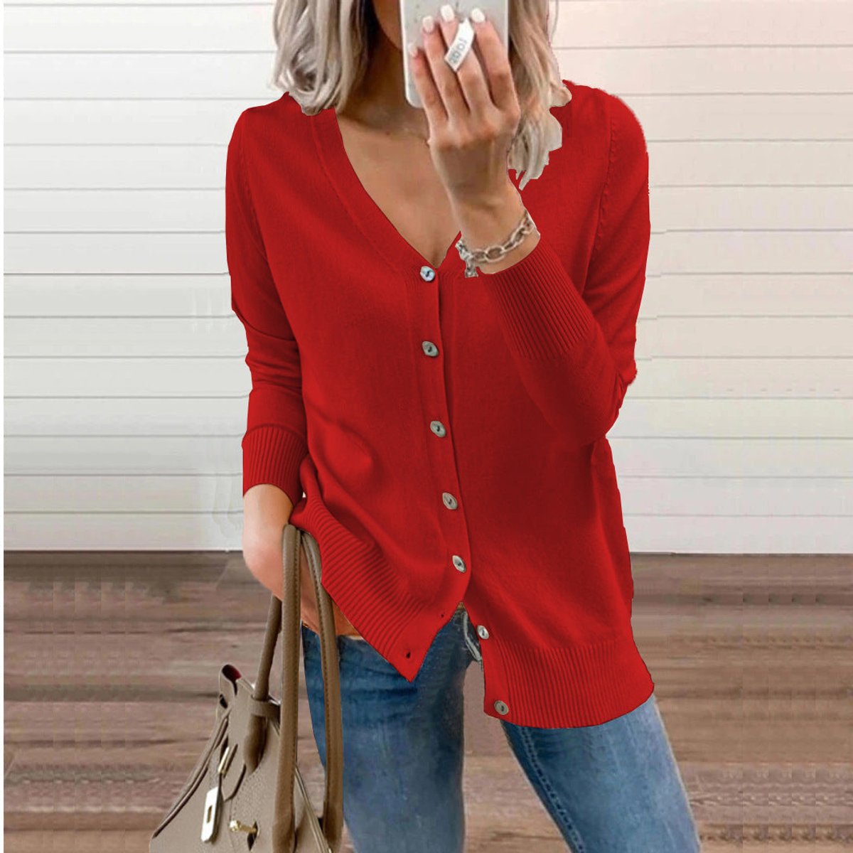 Women's V-Neck Button-Front Knit Cardigan - Red
