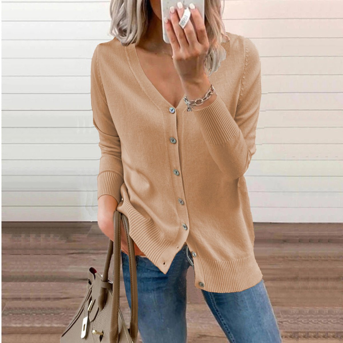 Women's V-Neck Button-Front Knit Cardigan - Camel