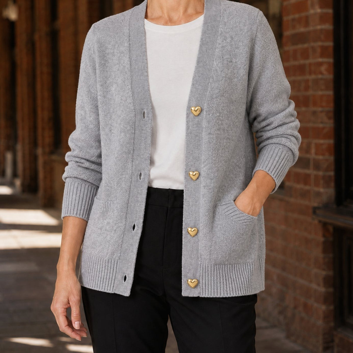 Women's V-Neck Button-Front Knit Cardigan, Cream - Grey