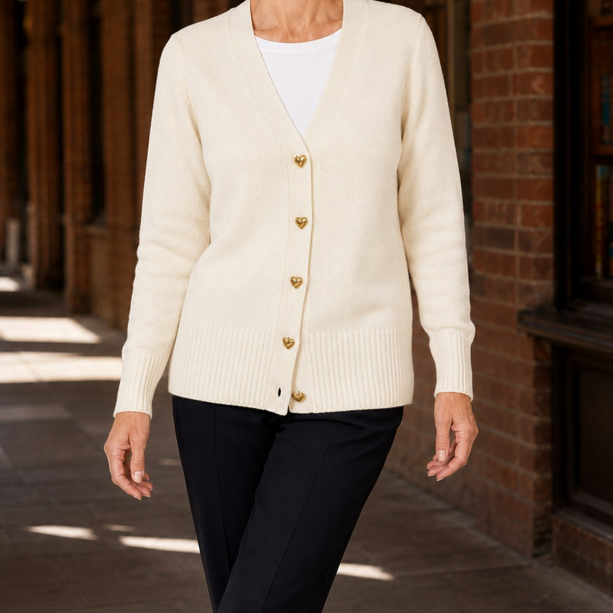 Women's V-Neck Button-Front Knit Cardigan, Cream - Cream