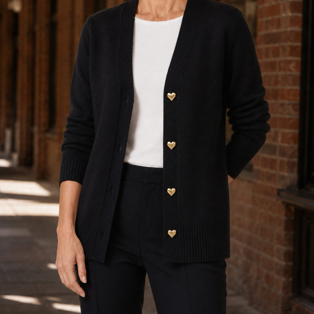 Women's V-Neck Button-Front Knit Cardigan, Cream - Black