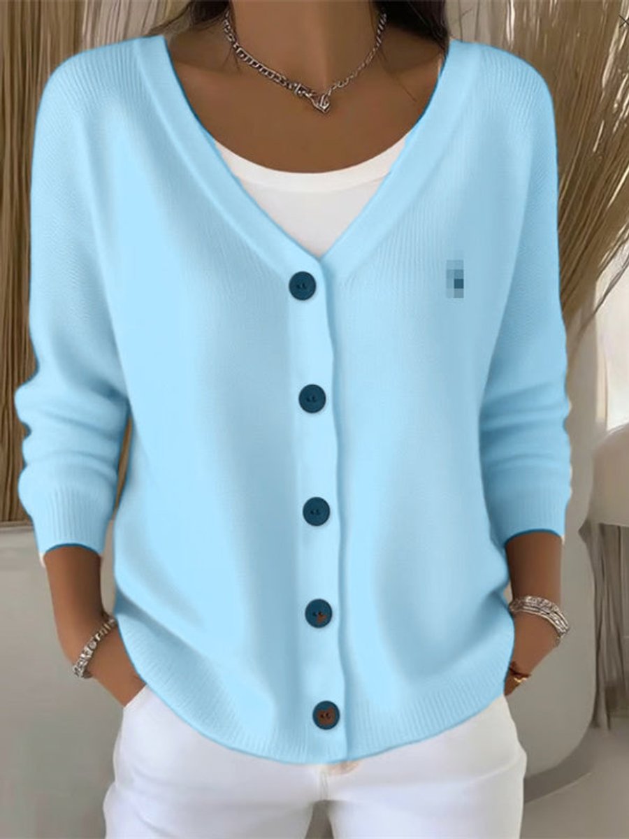Women's V-Neck Button-Front Long Sleeve Knit Cardigan Sweater - Blue