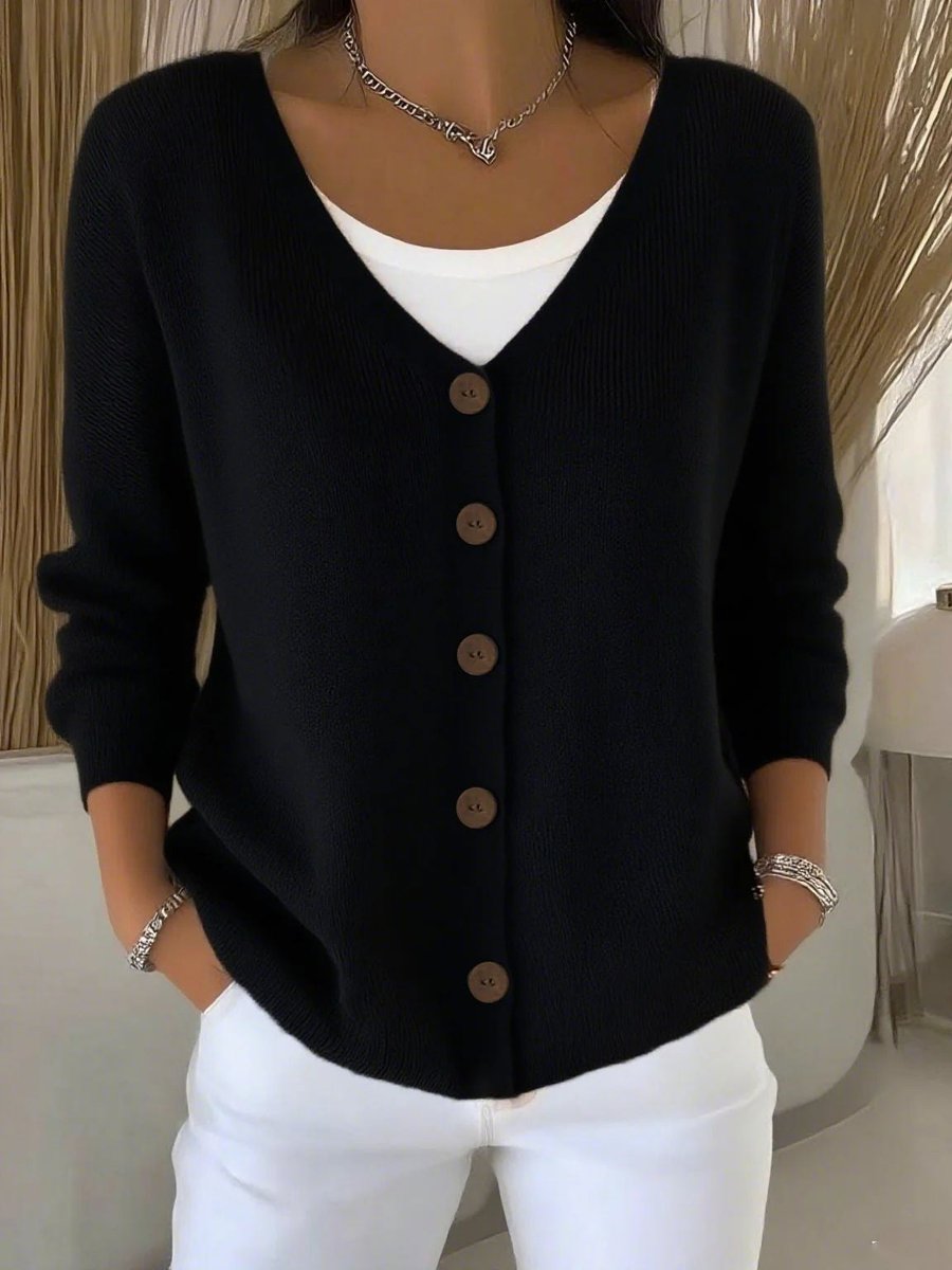Women's V-Neck Button-Front Long Sleeve Knit Cardigan Sweater - Black