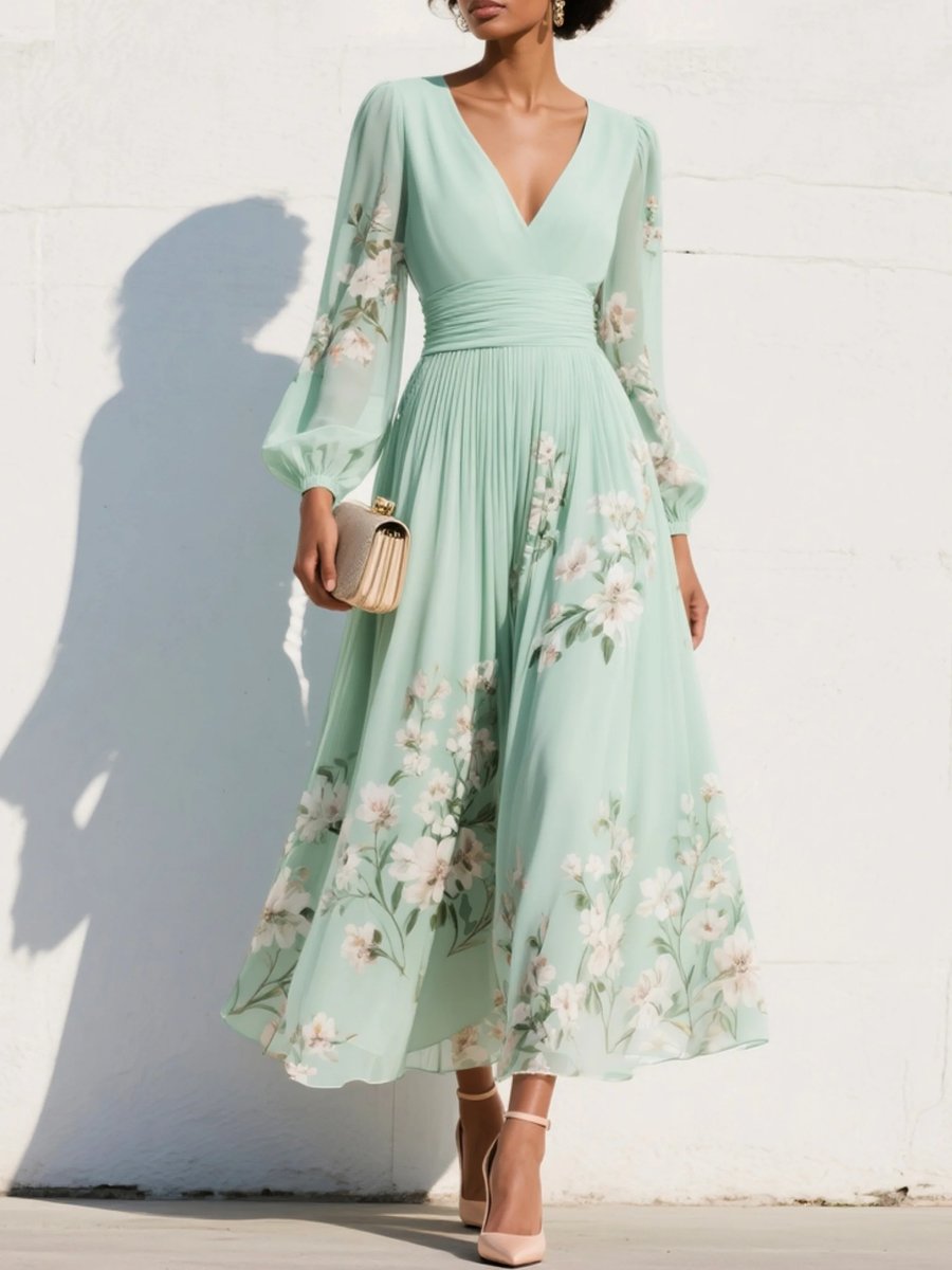 Women's V-Neck Chiffon Floral Ruched-Waist Midi Dress - Light Green