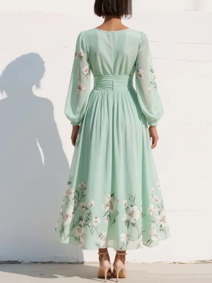 Women's V-Neck Chiffon Floral Ruched-Waist Midi Dress