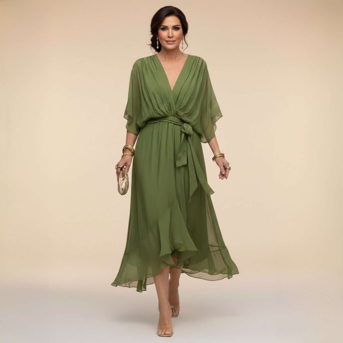 Women's V-Neck Chiffon Flowy Batwing Sleeve Midi Wrap Dress - Green