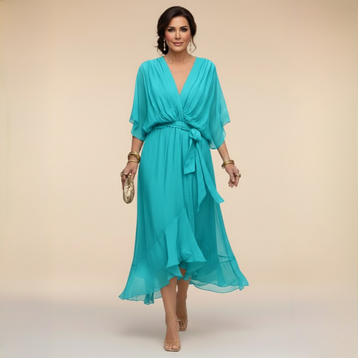 Women's V-Neck Chiffon Flowy Batwing Sleeve Midi Wrap Dress - Navy Blue
