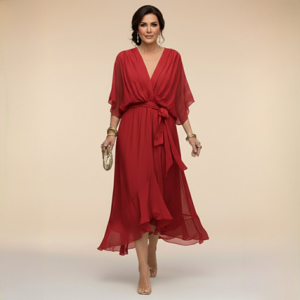 Women's V-Neck Chiffon Flowy Batwing Sleeve Midi Wrap Dress - Red
