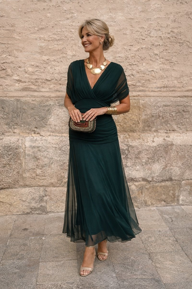 Women's V-Neck Chiffon Maxi Cocktail Party Dress Ruched Waist - Bottle Green