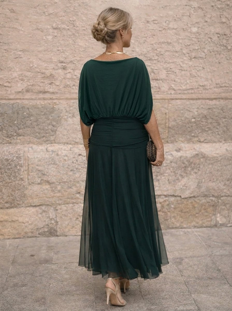 Women's V-Neck Chiffon Maxi Cocktail Party Dress Ruched Waist