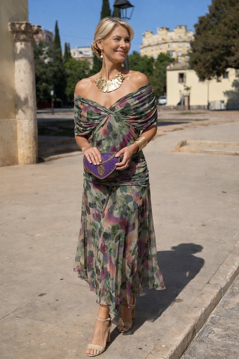 Women's V-Neck Chiffon Maxi Cocktail Party Dress Ruched Waist - Bouquet Floral